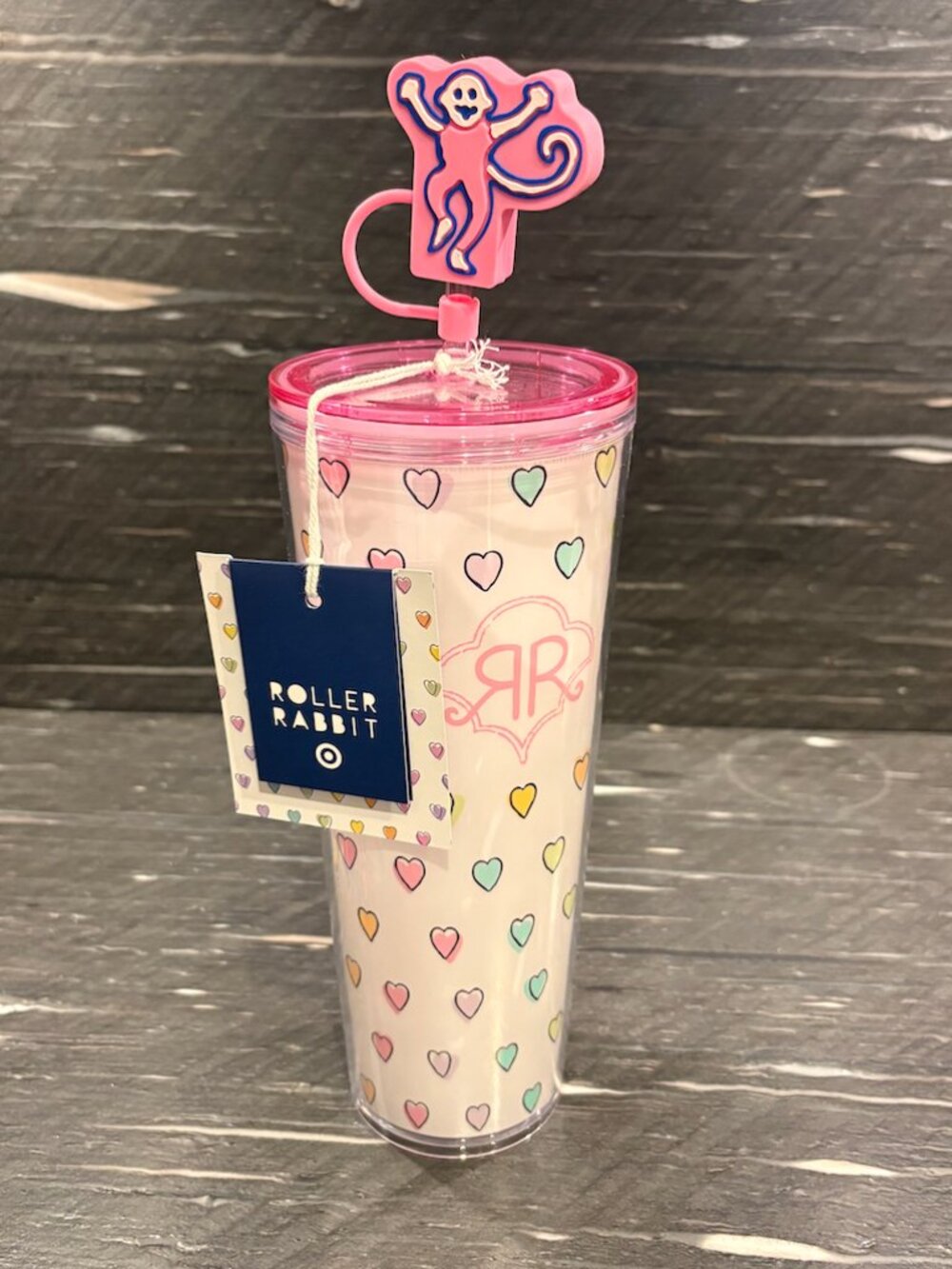 Roller Rabbit x Target Pink Heart Tumbler Cup w/ Monkey Straw Topper NWT